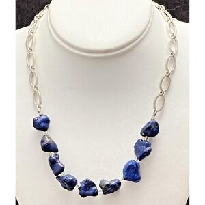 Vintage Blue Dyed Howlite Beaded Silver Tone Textured Link Necklace 18.5'' 37g